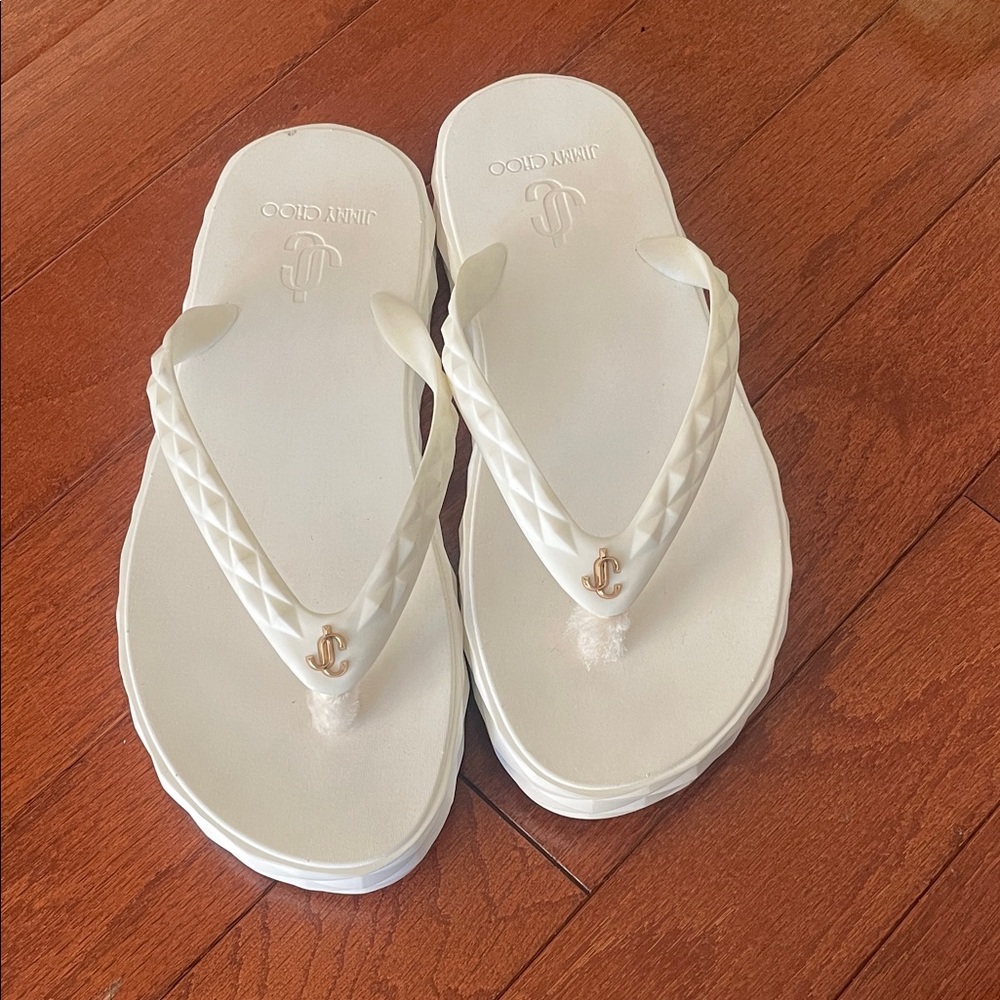 Jimmy Choo white platform thongs with toe protector size 42